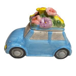 Vtg Maxcera Cookie Jar Volkswagen Beetle VW Bug Car Blue Ceramic Spring Flowers